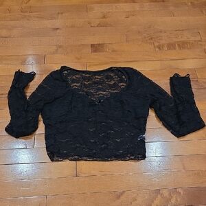 Black Lace Long Sleeve Crop Top - Women Large